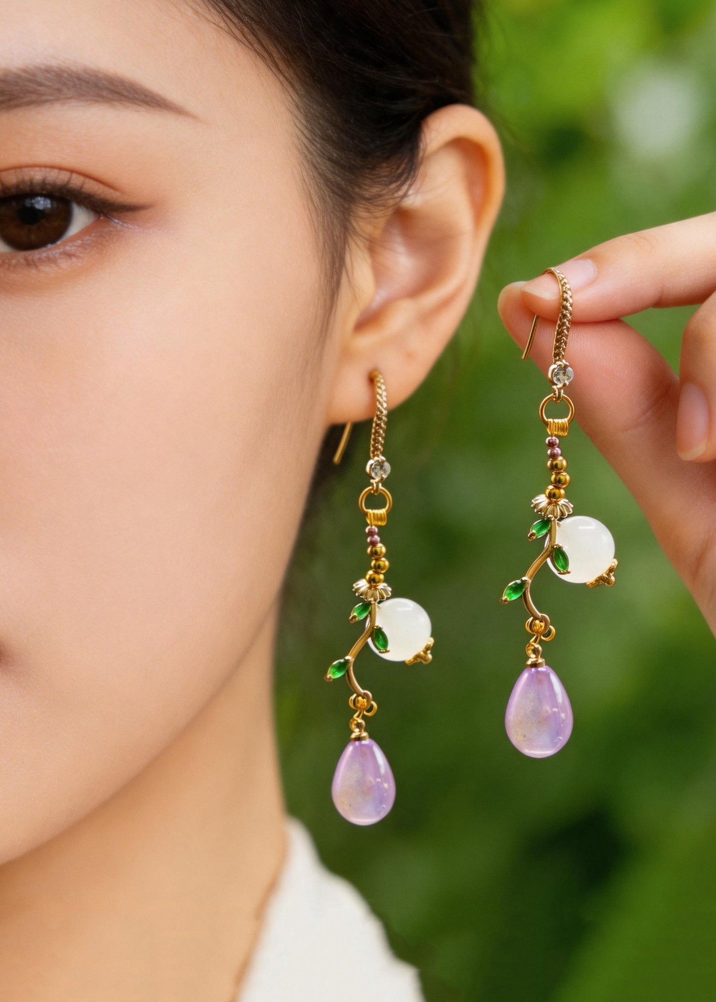 Retro Light Purple Asymmetrical Design Fine Jade Drop Earrings