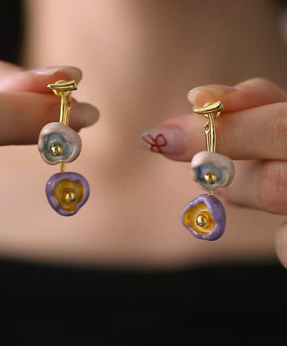 Retro Multicolor Copper Overgild Floral Enamel Drip Glaze Drop Earrings