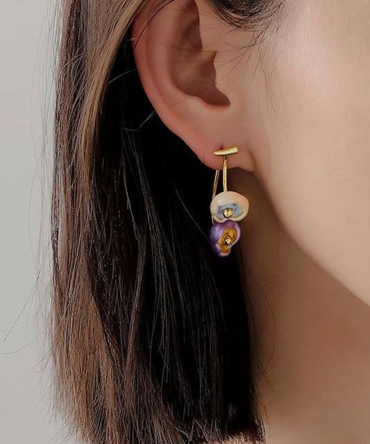 Retro Multicolor Copper Overgild Floral Enamel Drip Glaze Drop Earrings