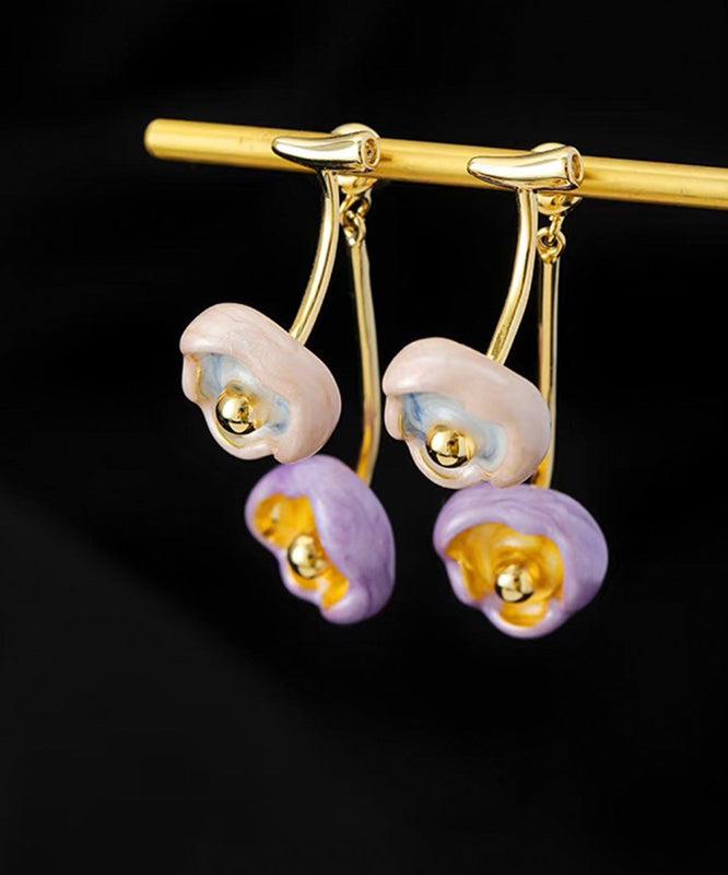 Retro Multicolor Copper Overgild Floral Enamel Drip Glaze Drop Earrings