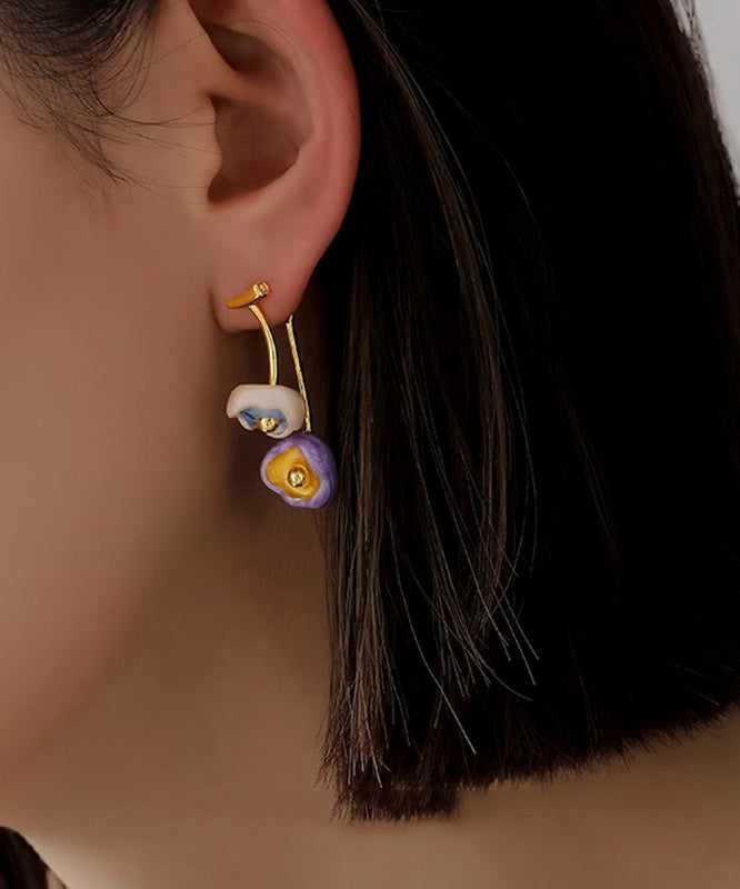 Retro Multicolor Copper Overgild Floral Enamel Drip Glaze Drop Earrings