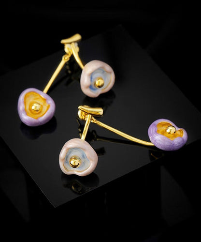 Retro Multicolor Copper Overgild Floral Enamel Drip Glaze Drop Earrings