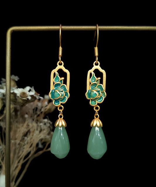 Pendientes retro de gota de agua con esmalte de jade y piedra de ojo de gato dorados en cobre nude