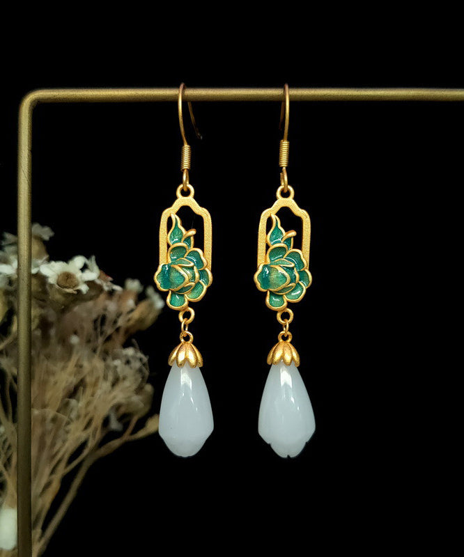 Pendientes retro de gota de agua con esmalte de jade y piedra de ojo de gato dorados en cobre nude