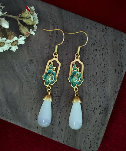 Pendientes retro de gota de agua con esmalte de jade y piedra de ojo de gato dorados en cobre nude