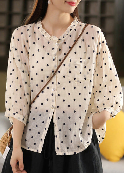 Retro Orange Ruffled Dot Embroidered Linen Top Summer