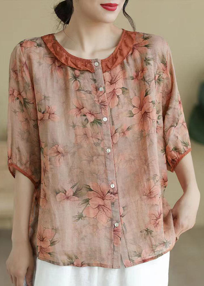 Blusa de lino con estampado retro de volantes en color naranja, botones y patchwork, mangas tipo pulsera