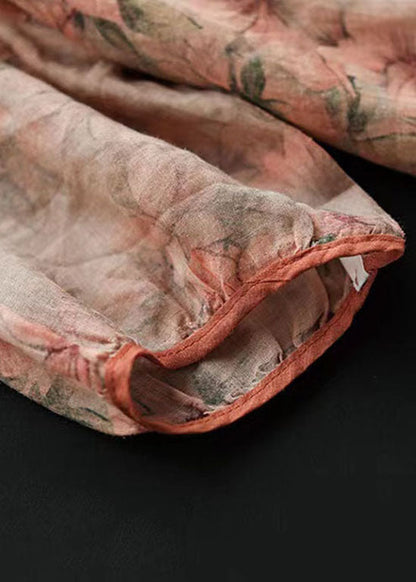 Blusa de lino con estampado retro de volantes en color naranja, botones y patchwork, mangas tipo pulsera