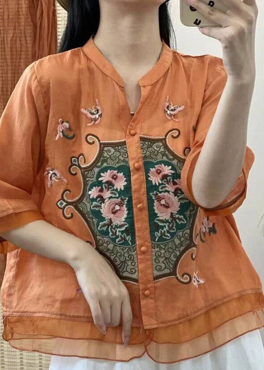 Camisas de lino retro de media manga con cuello en V, botones bordados y patchwork en color naranja