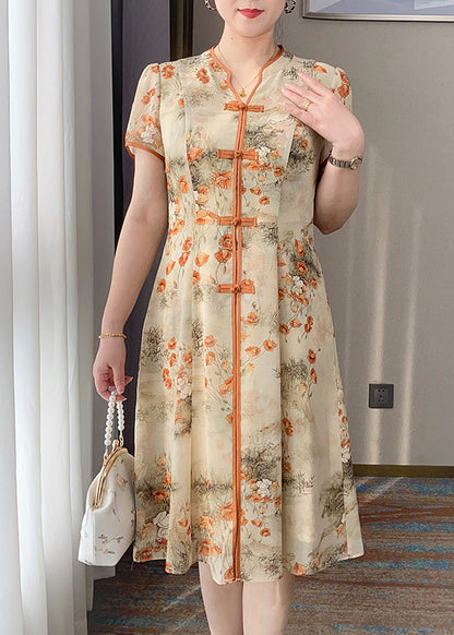 Retro Orange V-Ausschnitt Print Chinesische Knopf Seide Kleid Sommer