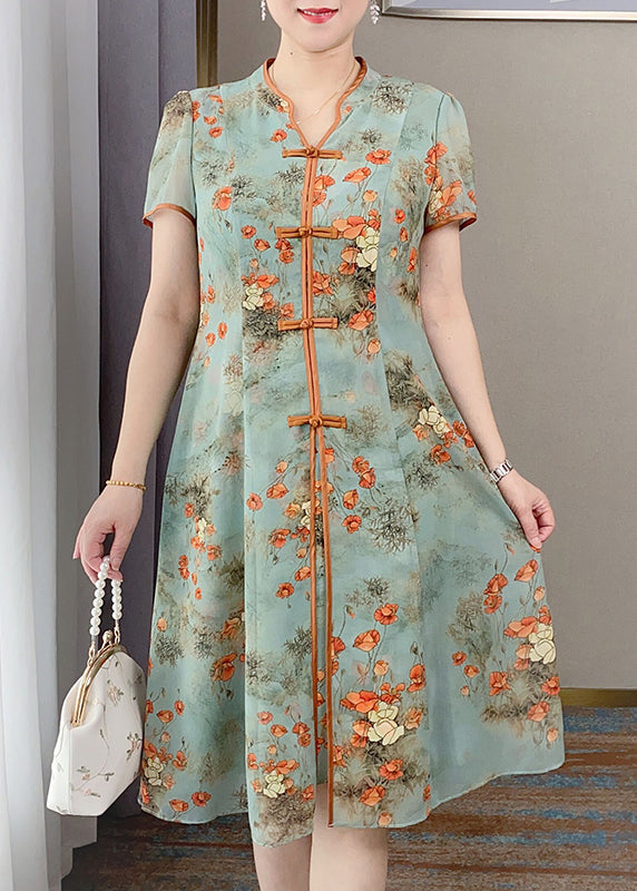 Retro Orange V-Ausschnitt Print Chinesische Knopf Seide Kleid Sommer