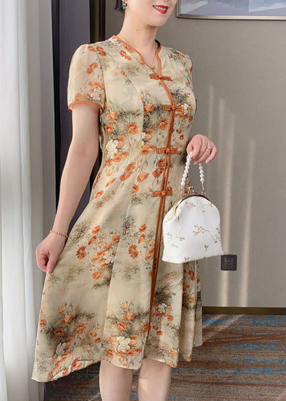 Retro Orange V-Ausschnitt Print Chinesische Knopf Seide Kleid Sommer