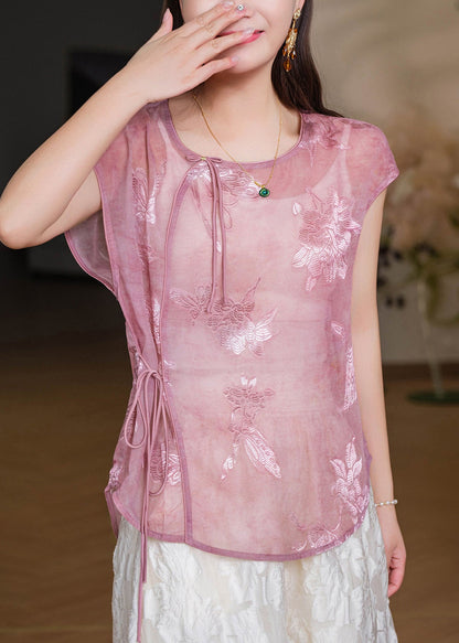 Retro Pink Tie Waist Tulle Shirt Short Sleeve