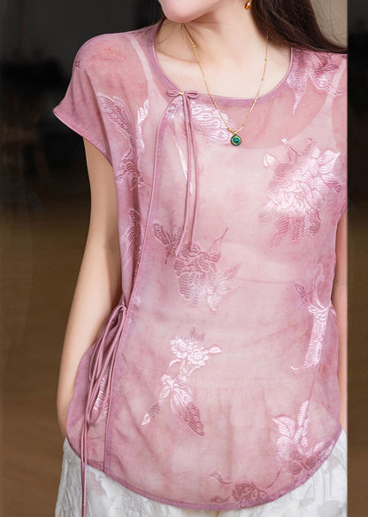 Retro Pink Tie Waist Tulle Shirt Short Sleeve