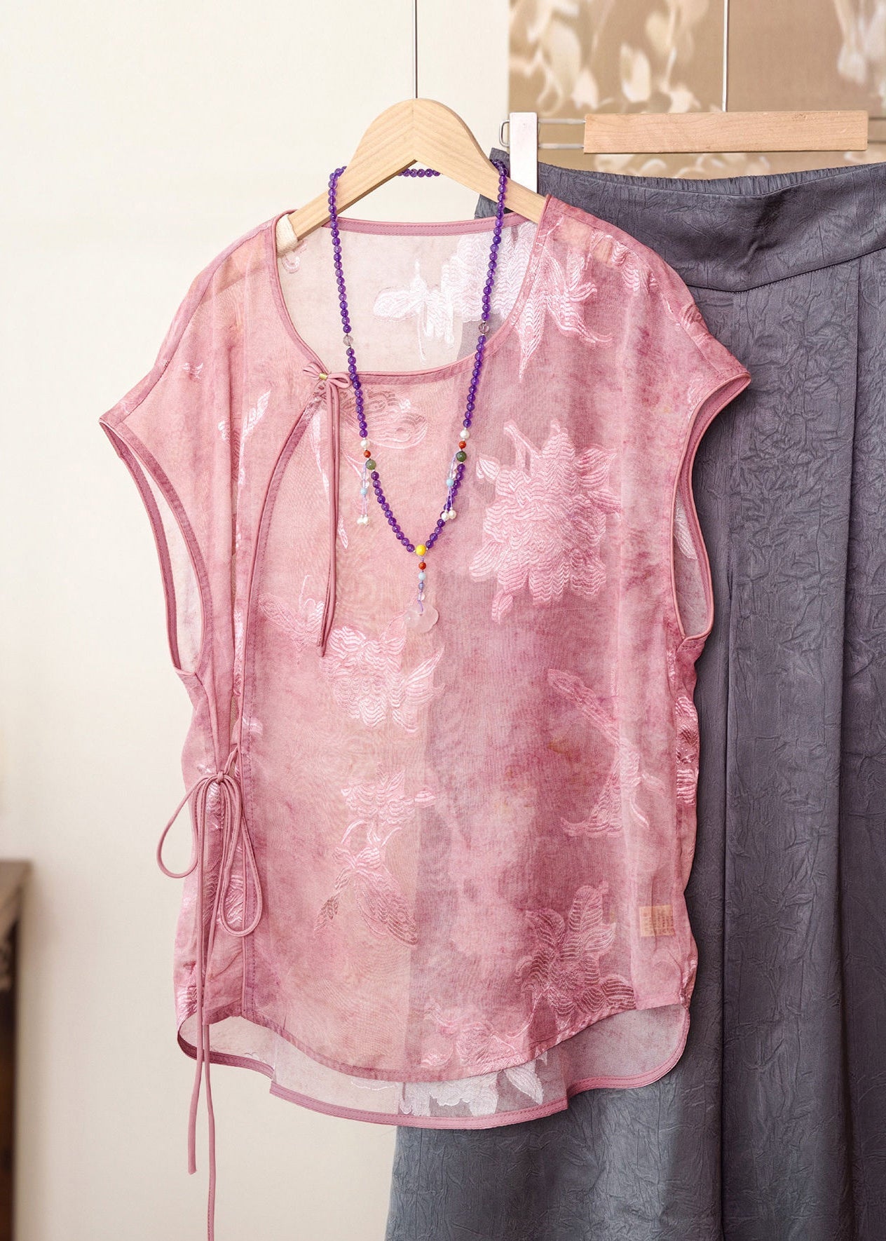 Retro Pink Tie Waist Tulle Shirt Short Sleeve