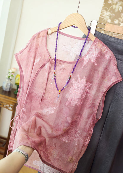 Retro Pink Tie Waist Tulle Shirt Short Sleeve