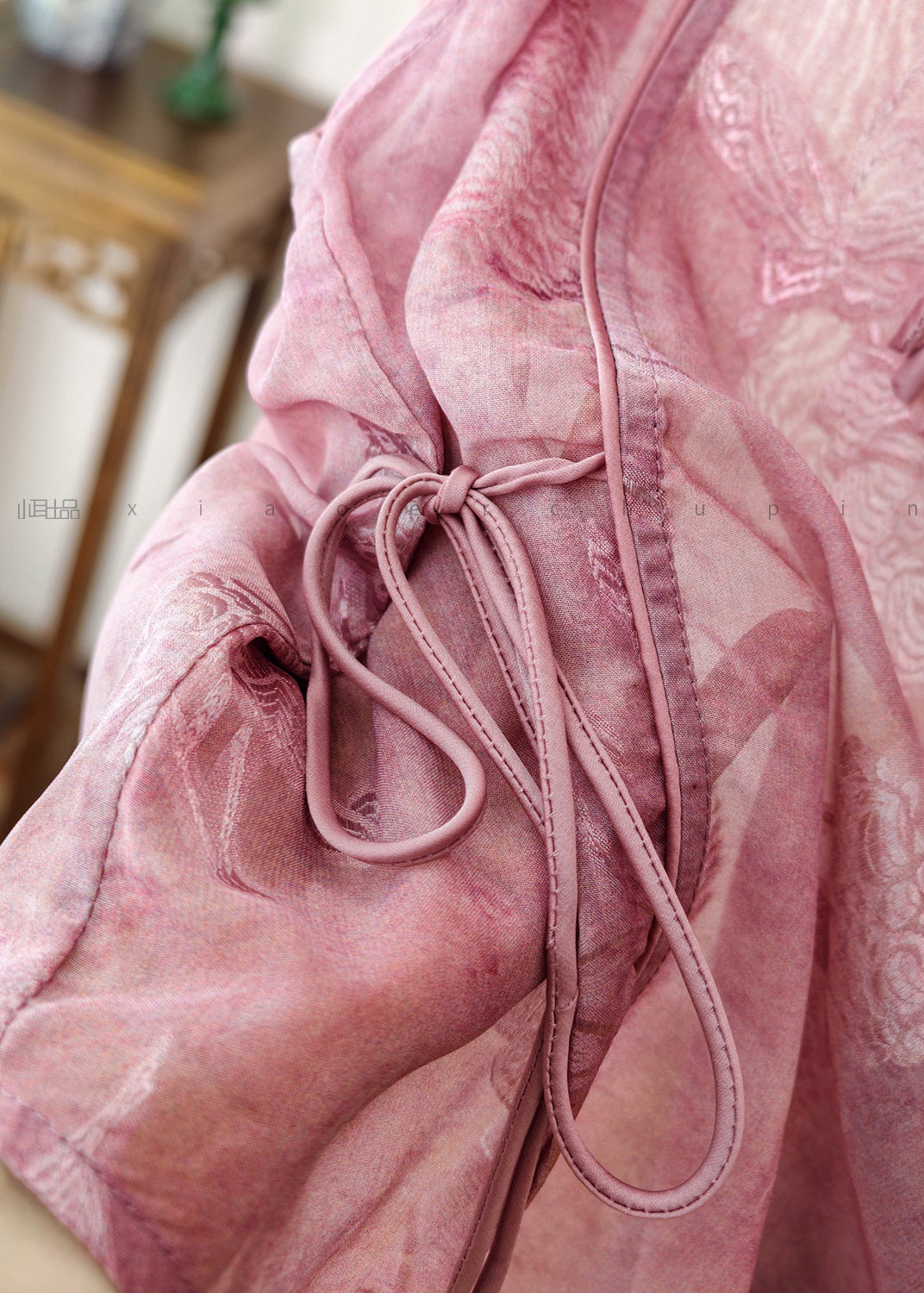 Retro Pink Tie Waist Tulle Shirt Short Sleeve