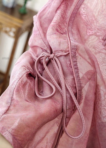 Retro Pink Tie Waist Tulle Shirt Short Sleeve