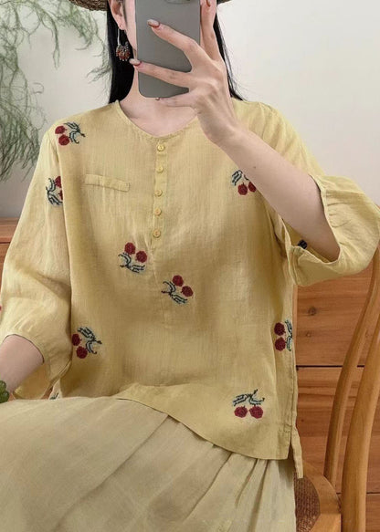 Retro Plus Size Yellow O Neck Embroidered Linen Top Summer