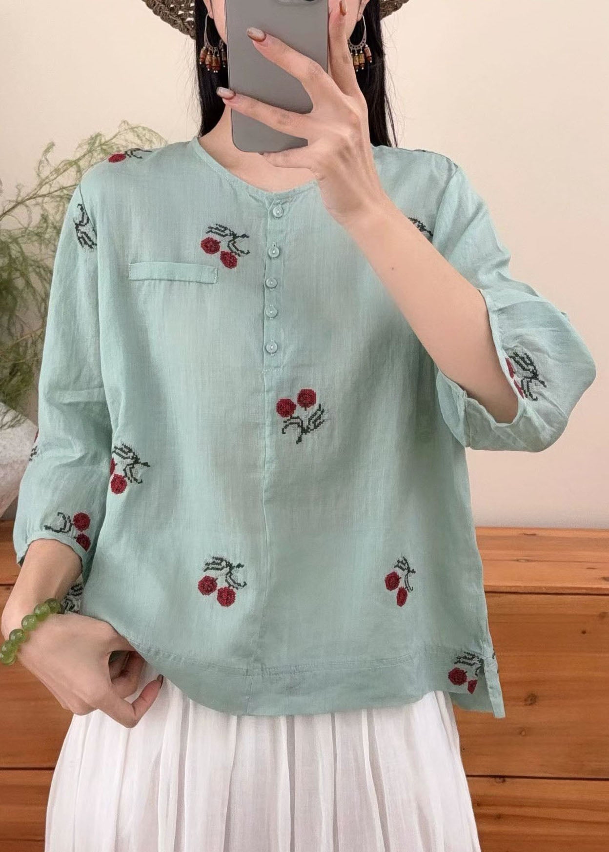 Retro Plus Size Yellow O Neck Embroidered Linen Top Summer