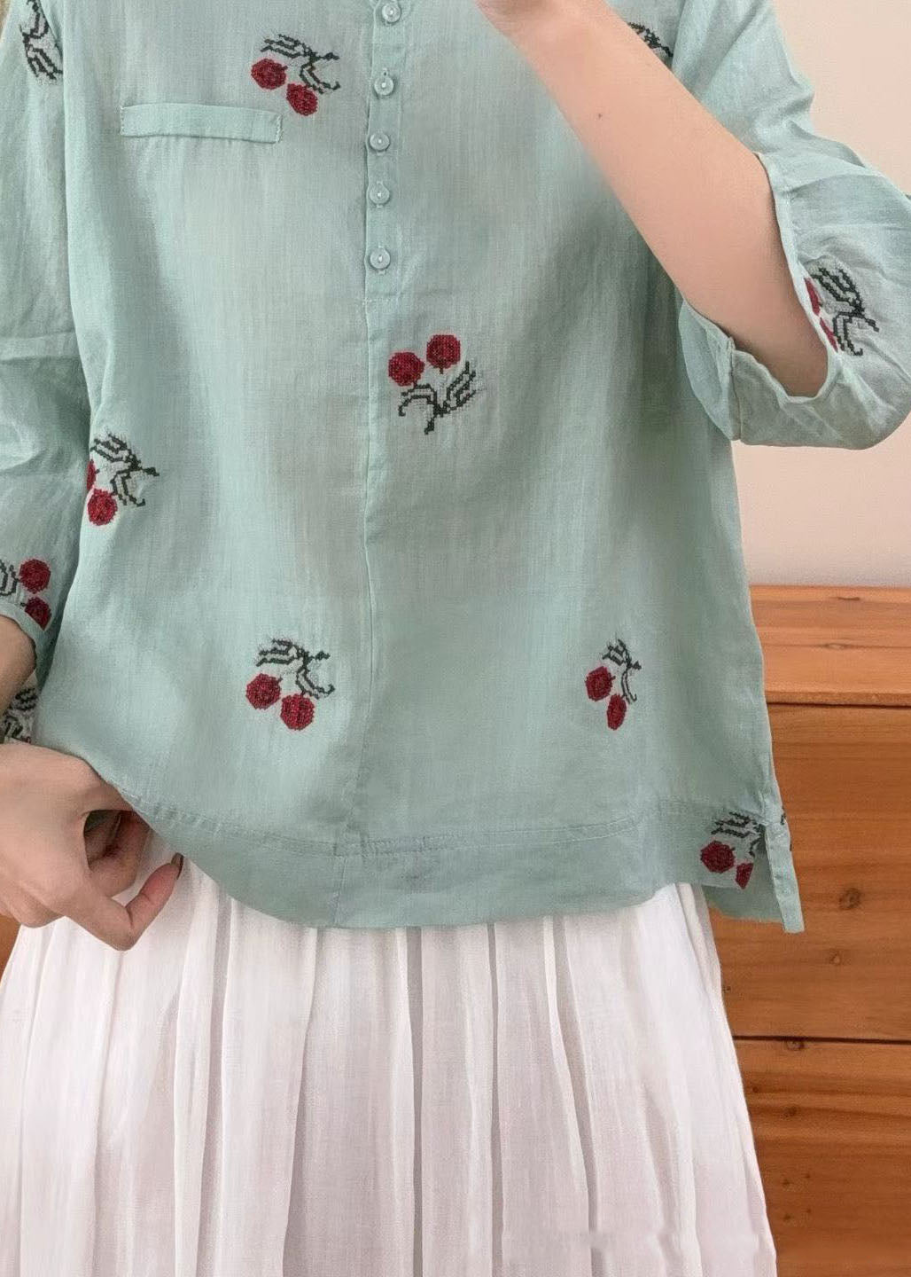 Retro Plus Size Yellow O Neck Embroidered Linen Top Summer