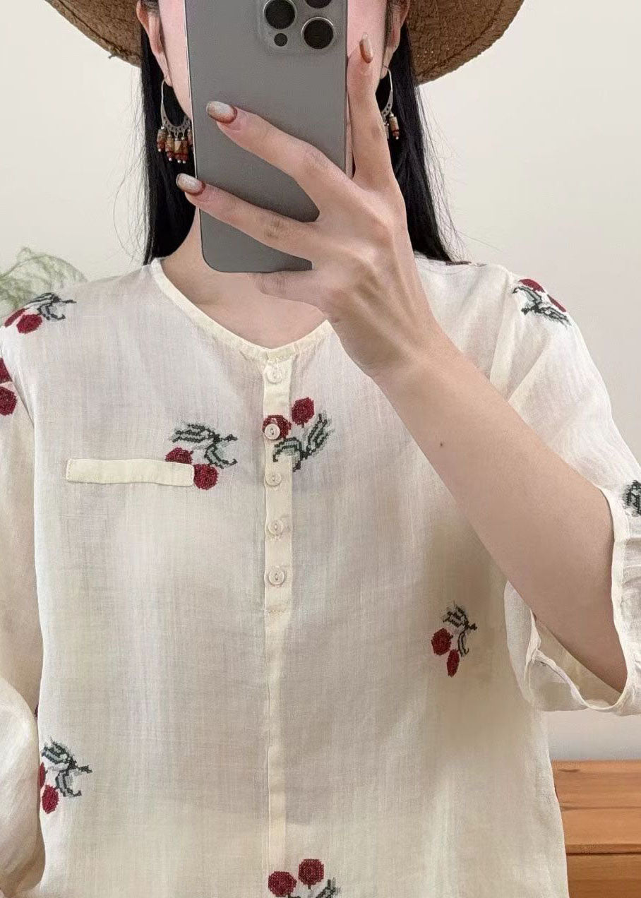 Retro Plus Size Yellow O Neck Embroidered Linen Top Summer