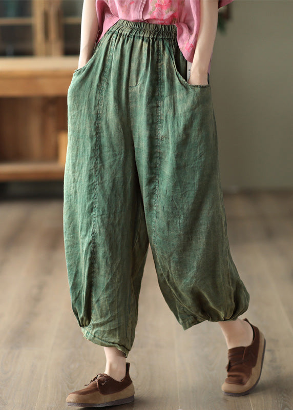 Retro Lila Elastische Taille Solide Ramie Laterne Hosen Sommer