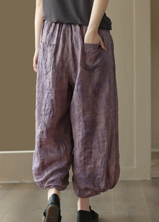 Retro Lila Taschen Print Ramie Crop Pants Sommer