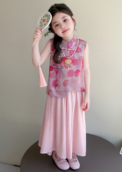 Retro Purple Print Chinese Button Silk Kids Girls Two Piece Set Clothing Summer