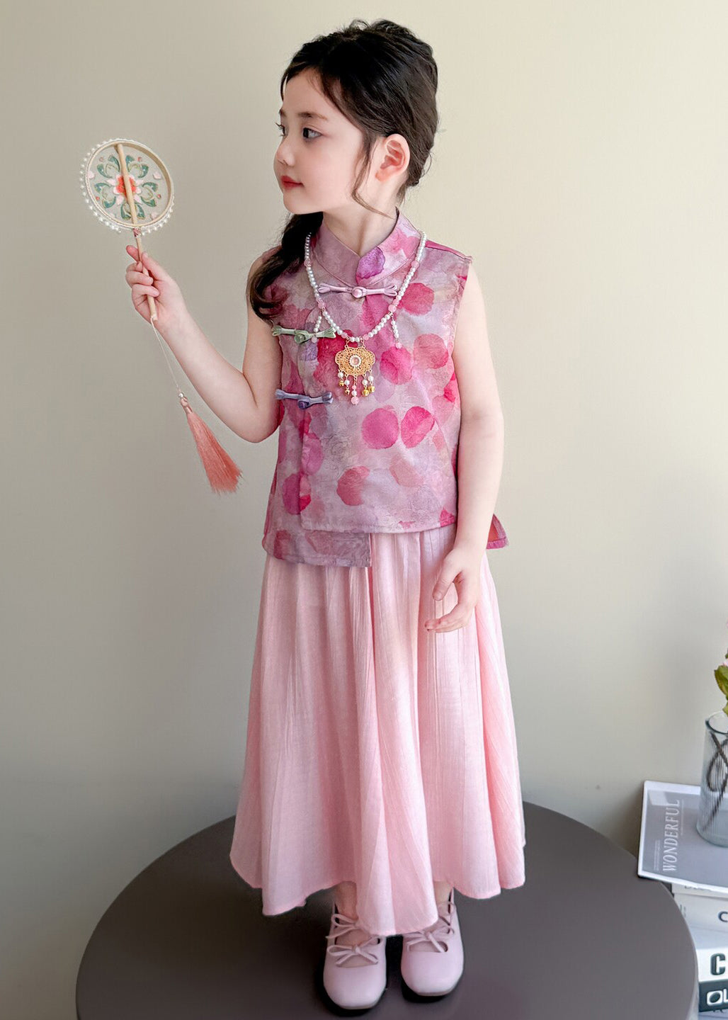 Retro Purple Print Chinese Button Silk Kids Girls Two Piece Set Clothing Summer