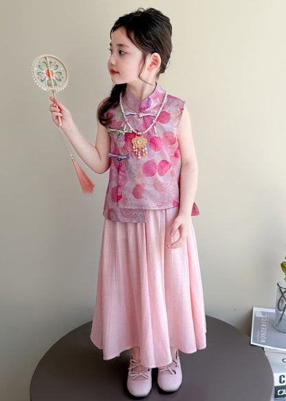 Retro Purple Print Chinese Button Silk Kids Girls Two Piece Set Clothing Summer