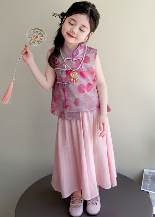 Retro Purple Print Chinese Button Silk Kids Girls Two Piece Set Clothing Summer