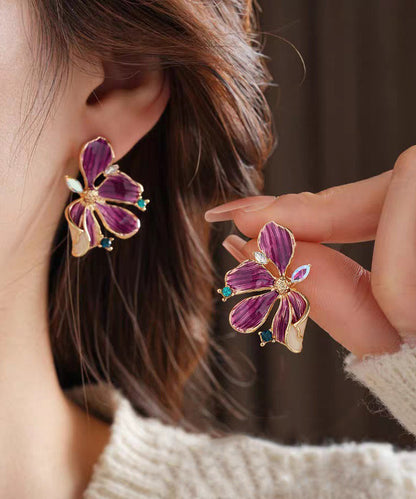 Retro Purple Sterling Silver Overgild Zircon Dripping Glaze Floral Stud Earring
