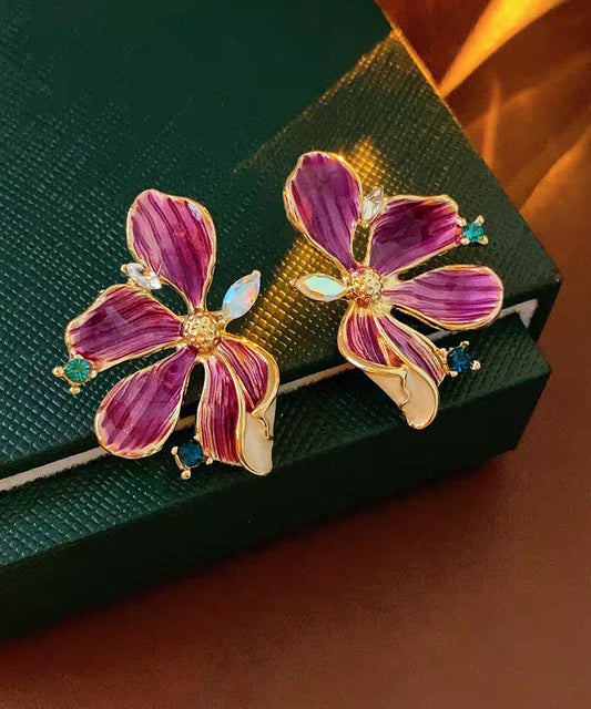 Retro Purple Sterling Silver Overgild Zircon Dripping Glaze Floral Stud Earring