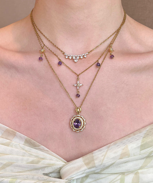 Retro Purple Zircon Layering Alloy Two Piece Set Pendant Necklace