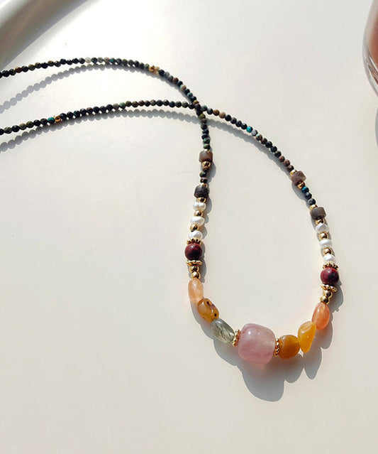 Retro Rainbow Alloy Pearl Natural Stone Beading Gratuated Bead Necklace