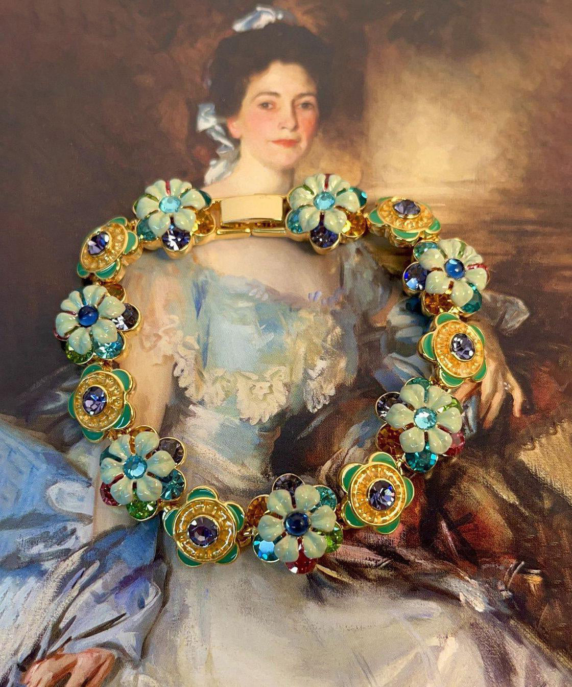 Retro Rainbow Copper Alloy Zircon Enamel Floral Chain Bracelet