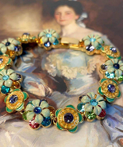 Retro Rainbow Copper Alloy Zircon Enamel Floral Chain Bracelet