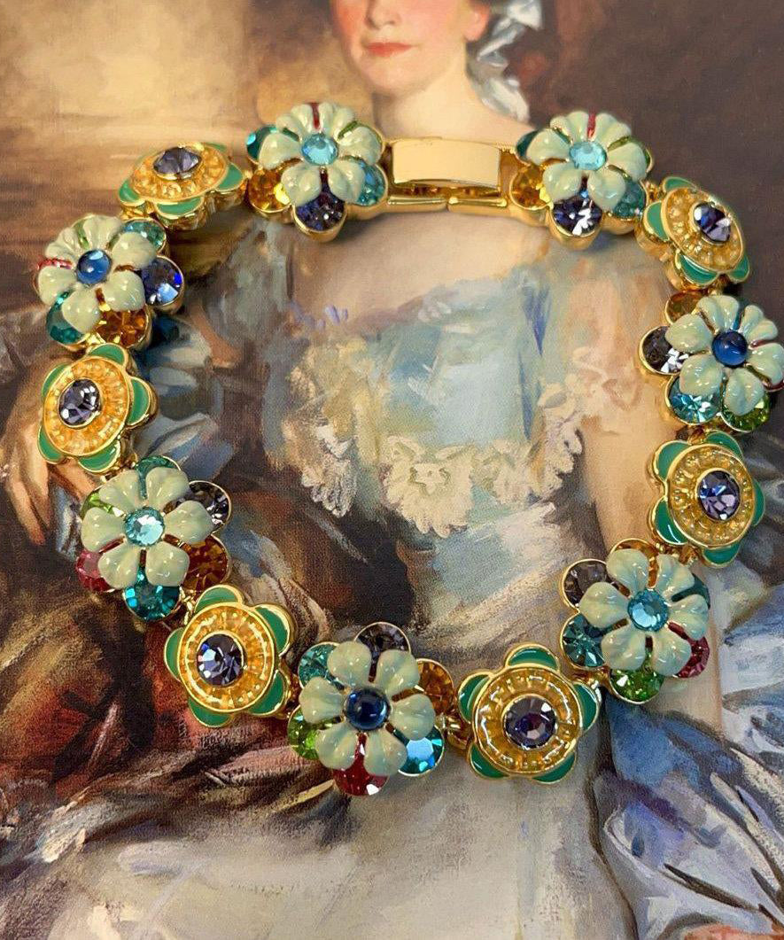 Retro Rainbow Copper Alloy Zircon Enamel Floral Chain Bracelet