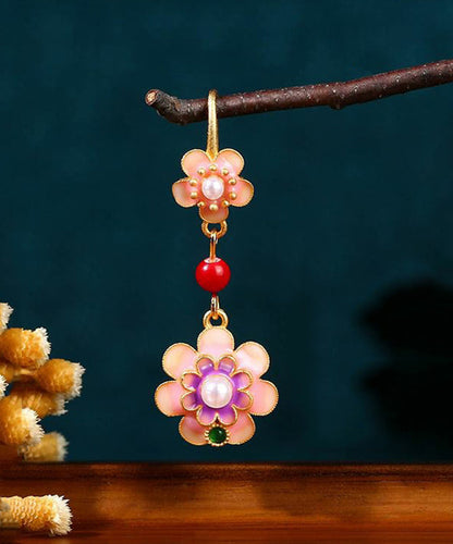 Pendientes colgantes de camelia con perla acrílica dorada de cobre arcoíris retro