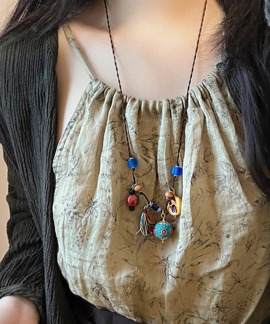 Collar con colgante de cerámica de cera de abejas tejido a mano con arcoíris retro