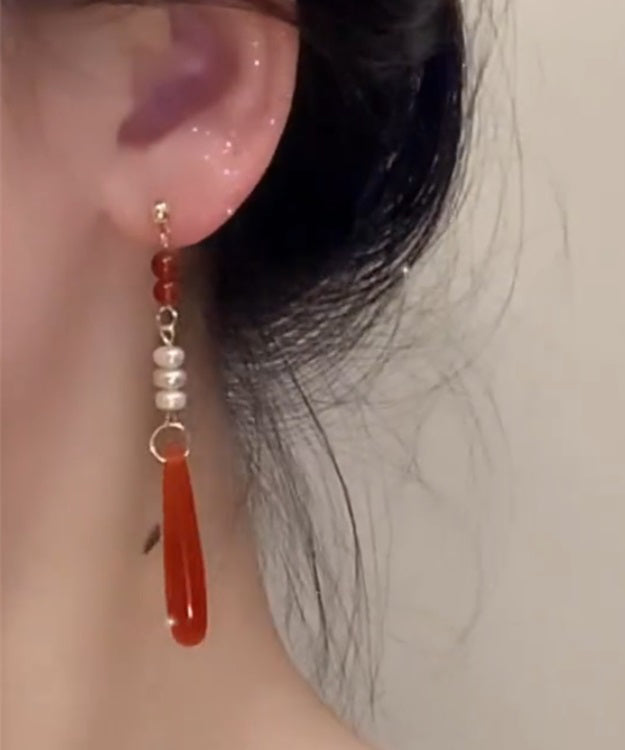 Pendientes colgantes de ágata perlada acrílica de aleación roja retro