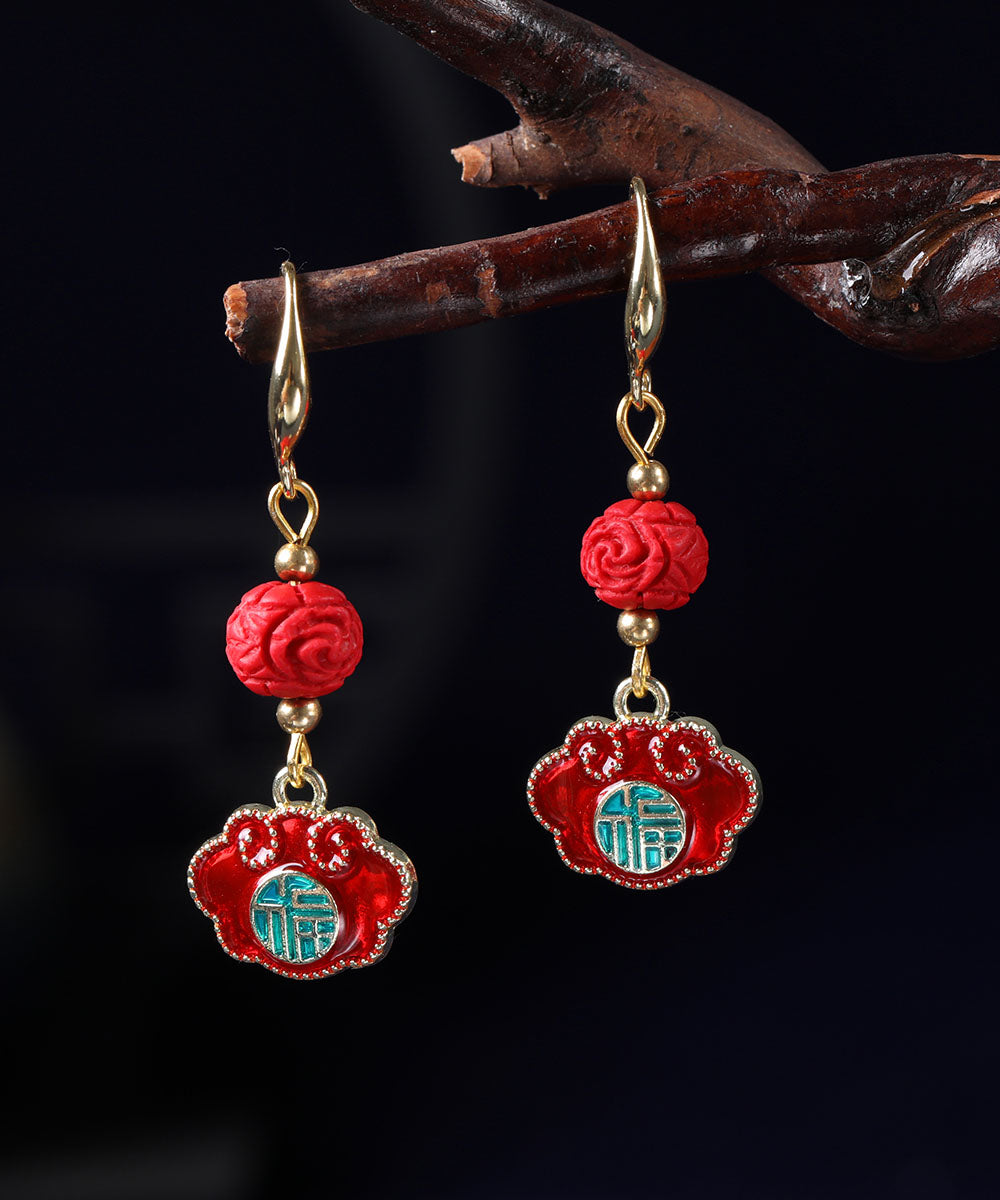 Pendientes colgantes de cloisonné de aleación roja retro