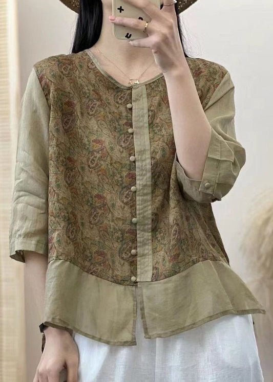 Camisa de lino con estampado de botones chinos rojos retro y patchwork con mangas de pulsera