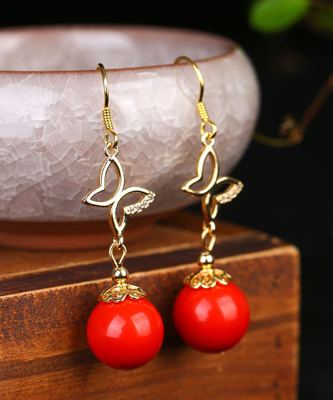 Pendientes colgantes de circonita dorada y plata de ley con cinabrio rojo retro