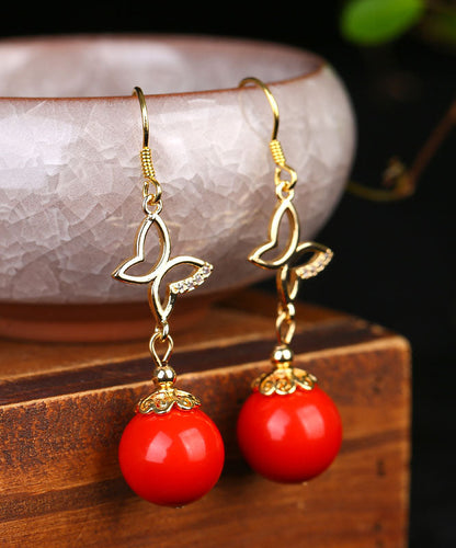 Pendientes colgantes de circonita dorada y plata de ley con cinabrio rojo retro