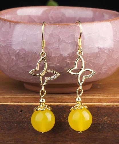 Pendientes colgantes de circonita dorada y plata de ley con cinabrio rojo retro