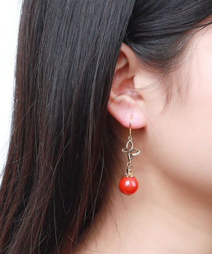 Pendientes colgantes de circonita dorada y plata de ley con cinabrio rojo retro