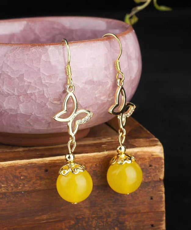 Pendientes colgantes de circonita dorada y plata de ley con cinabrio rojo retro