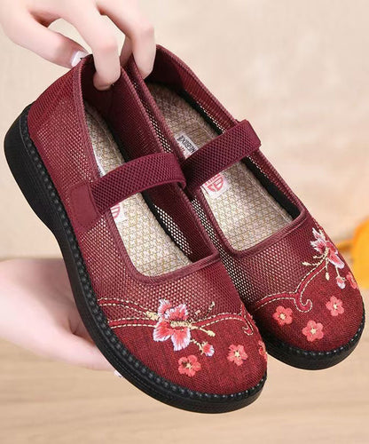 Retro Red Embroidered Tulle Fabric Flat Shoes Lace Up Flat Shoes For Women